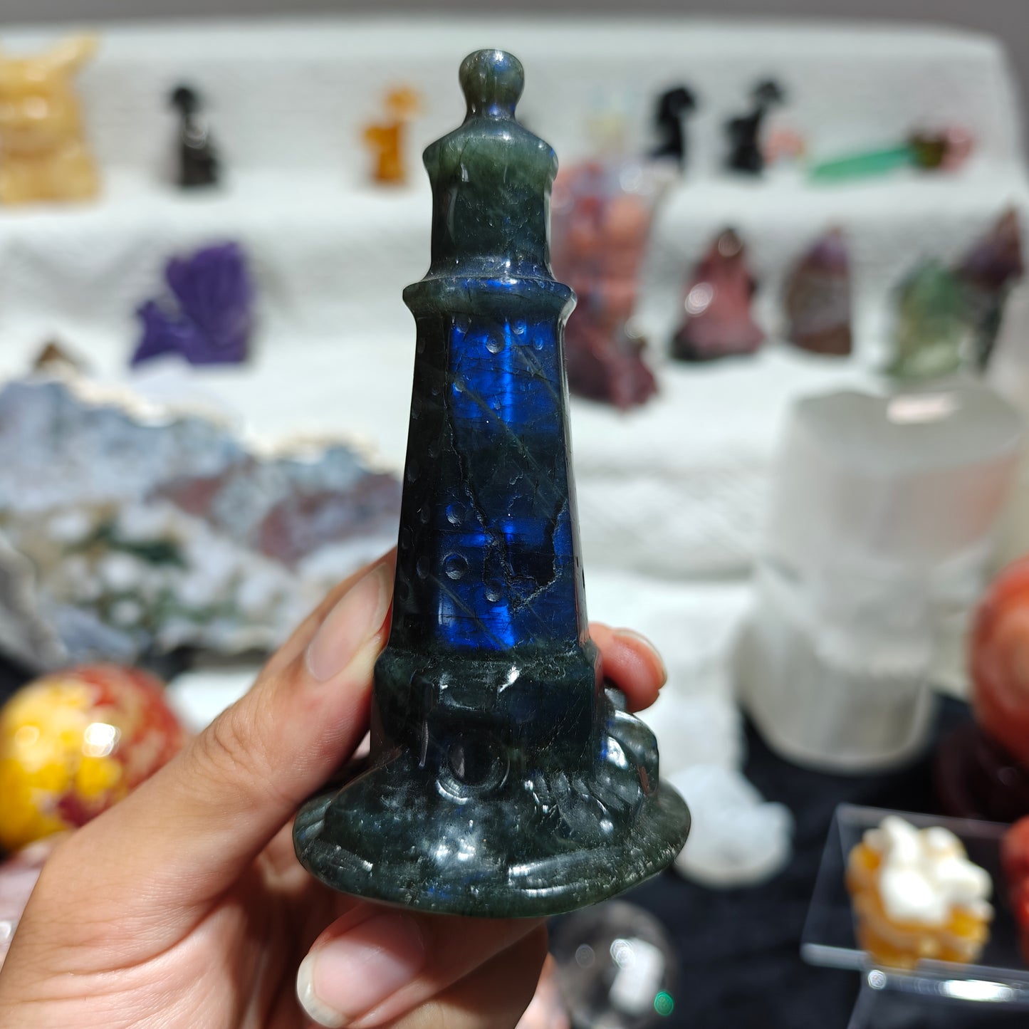 Hand Carved Labradorite Lighthouse For Decoration And Gift