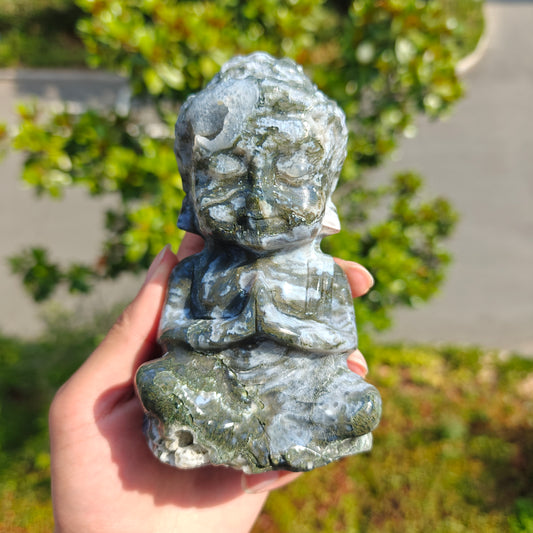 Hand Carved Moss Agate Buddha For Decoration And Gift