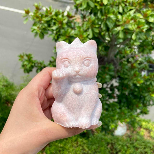 Elegant Hand Carved Pink Opal Lucky Cat Animal Carving