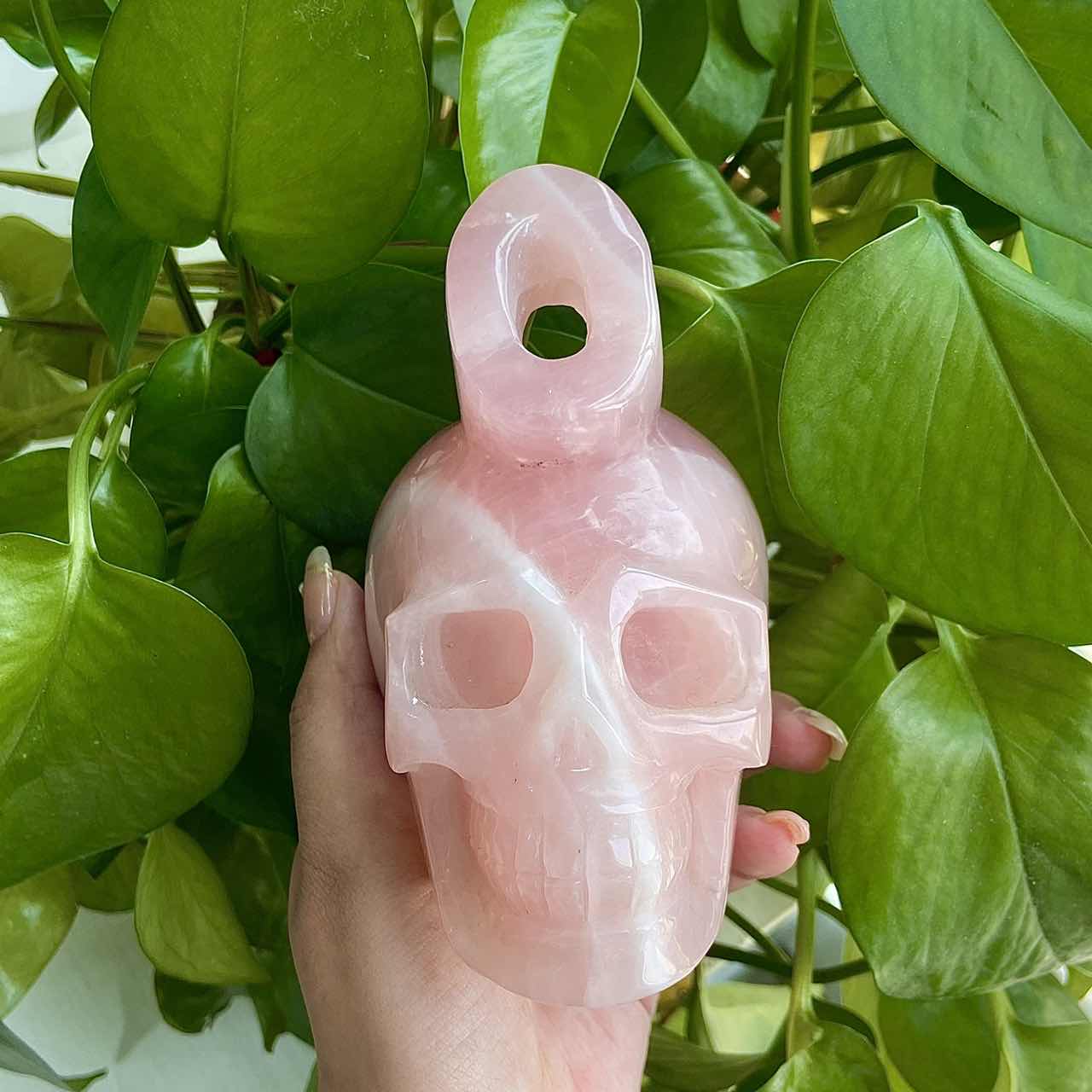 Hand Carved Rose Quartz Skull With Letter 'O' Adult Skull Model Halloween Decoration