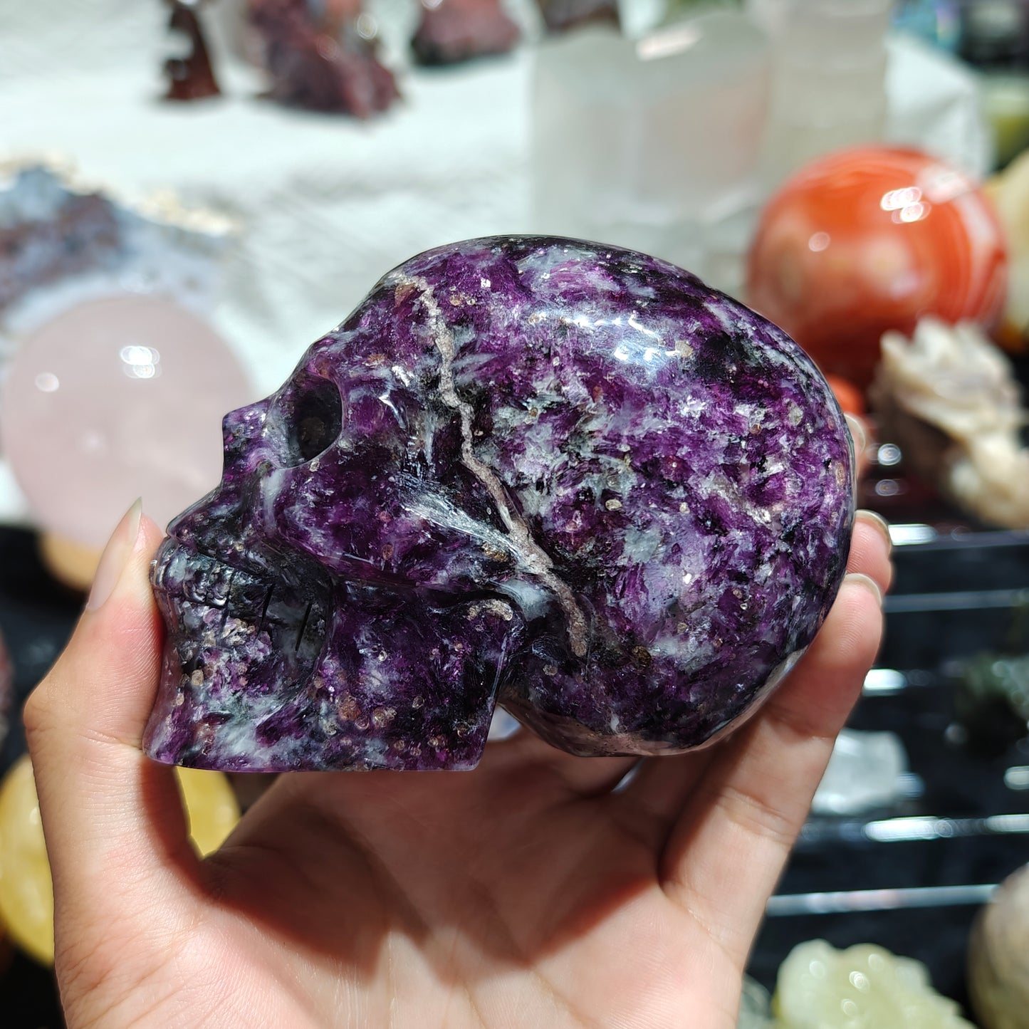 Hand Carved Lepidolite Skull For Decoration And Gift