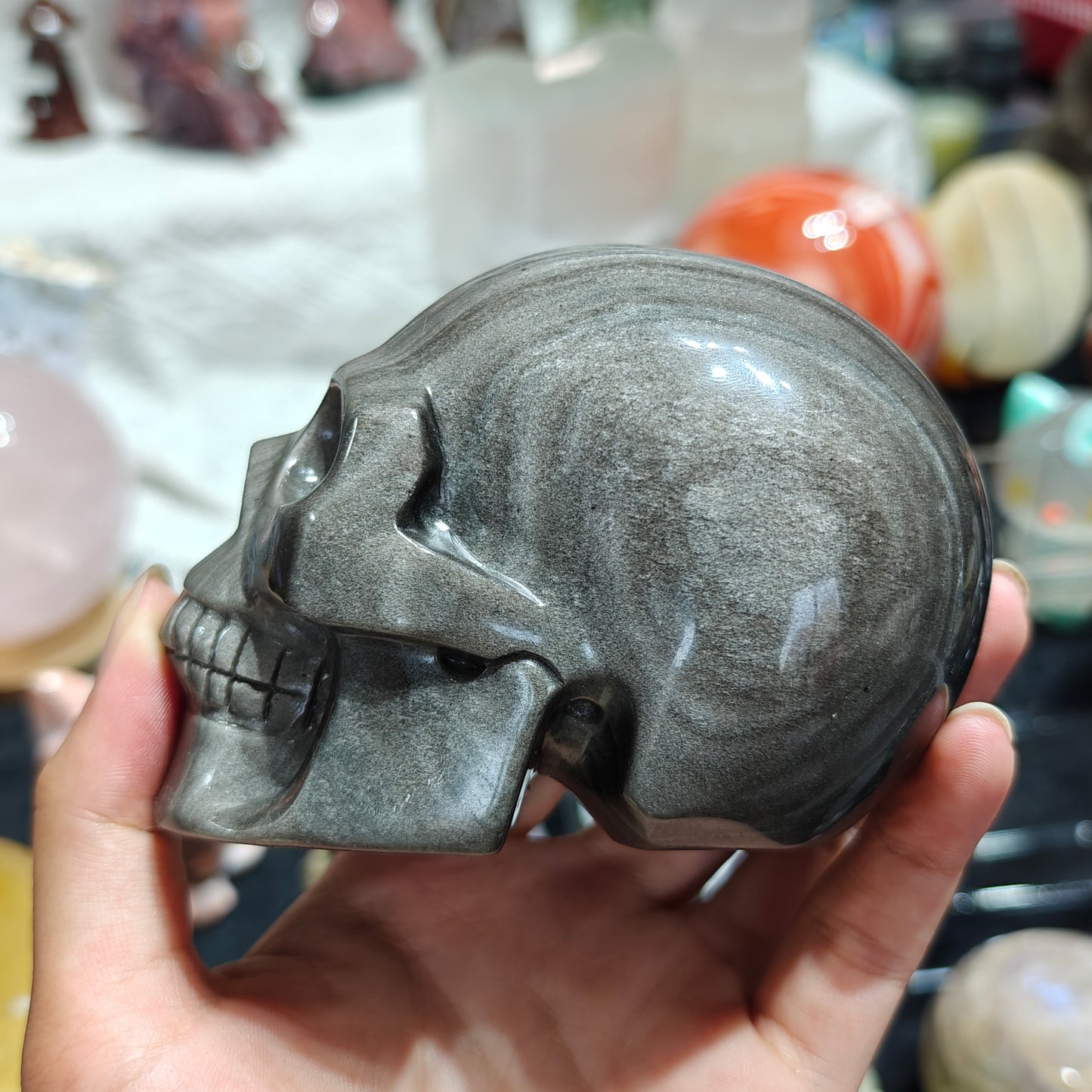 Hand Carved Sliver Obsidian Skull For Decoration And Gift