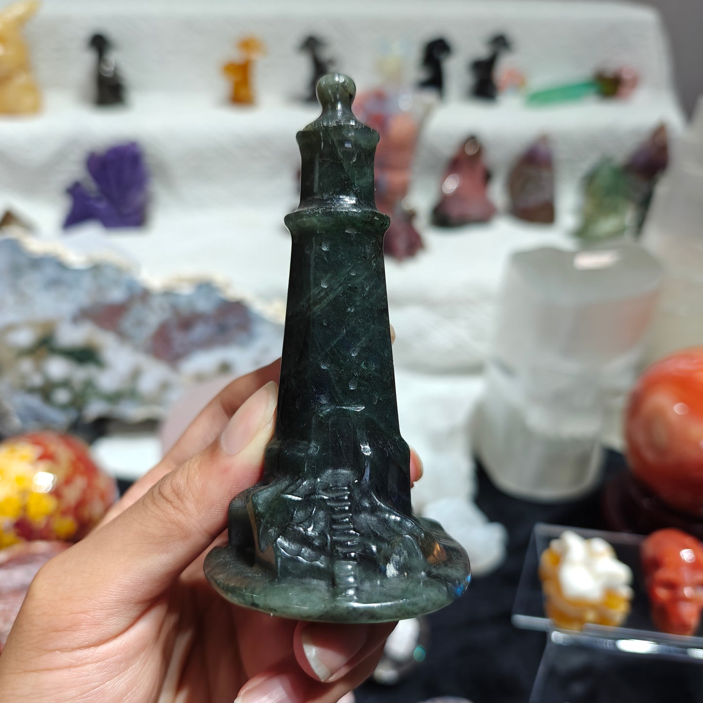 Hand Carved Labradorite Lighthouse For Decoration And Gift