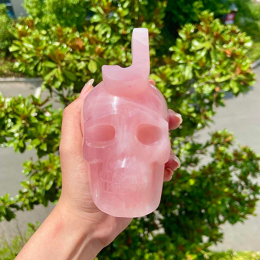 Hand Carved Rose Quartz Skull With Letter 'J' Adult Skull Model Halloween Decoration