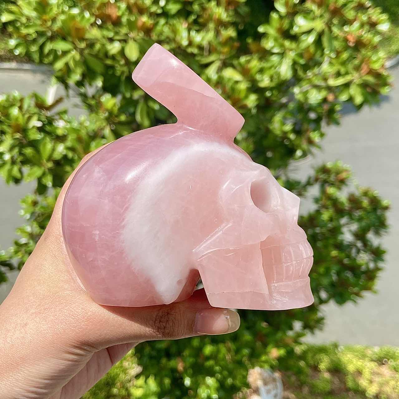 Hand Carved Rose Quartz Skull With Letter 'O' Adult Skull Model Halloween Decoration