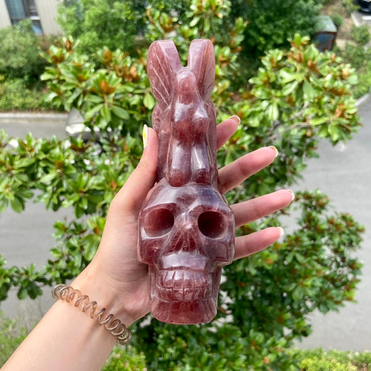 Strawberry Quartz Skull With Fairy Crystal Carving Home Decor Halloween Decoration