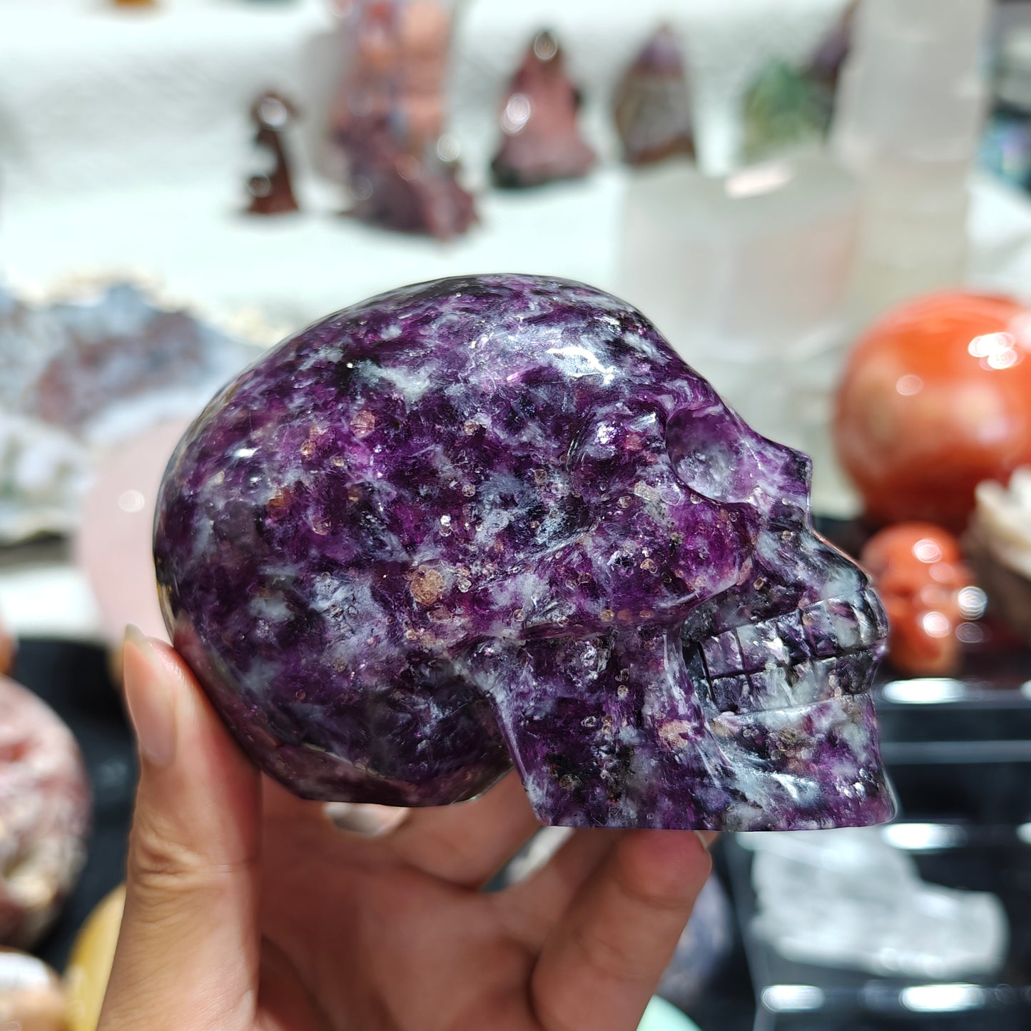 Hand Carved Lepidolite Skull For Decoration And Gift