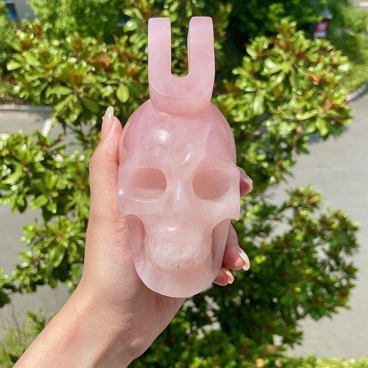 Hand Carved Rose Quartz Skull With Letter 'U' Adult Skull Model Halloween Decoration