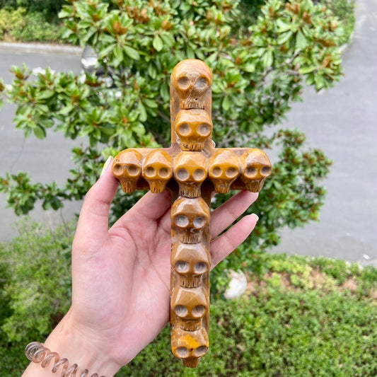 Ocean Jasper Skull Cross Crystal Carving Home Decor Religious God Halloween Decoration