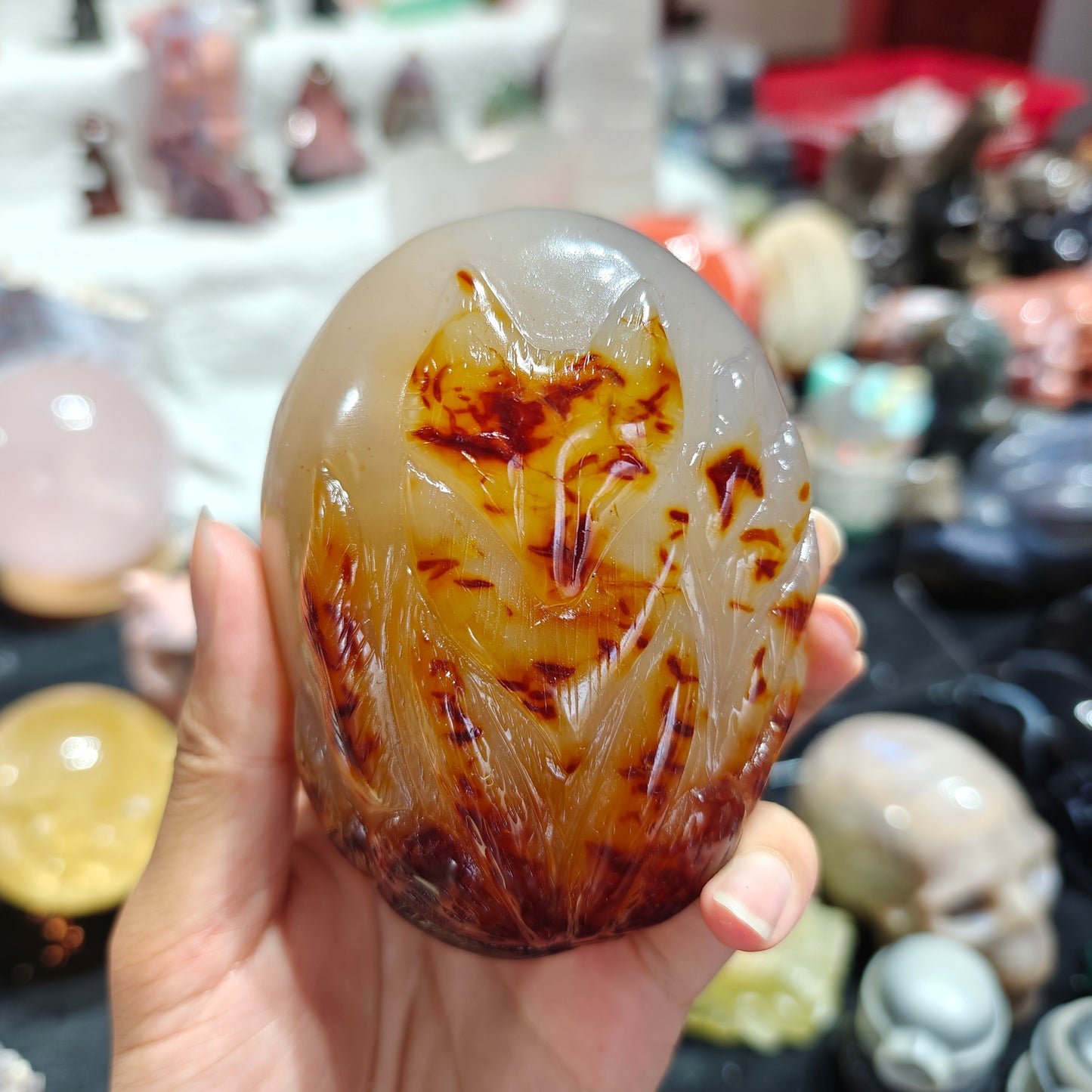 Hand Carved Carnelian Nine-Tailed Fox Carving For Decoration And Gift