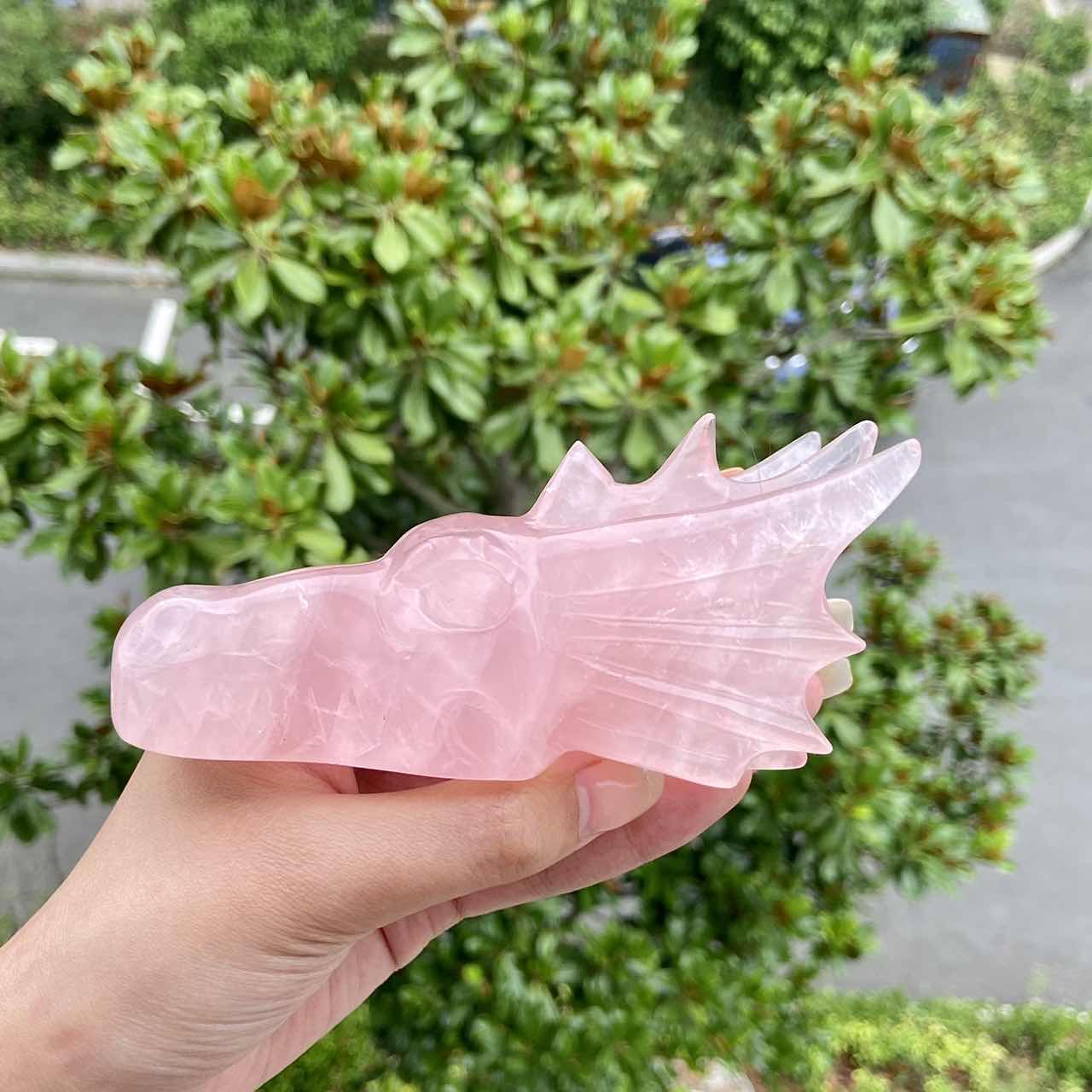 Rose Quartz Dragon Skull Hand Carved Home Decor Crystal Healing