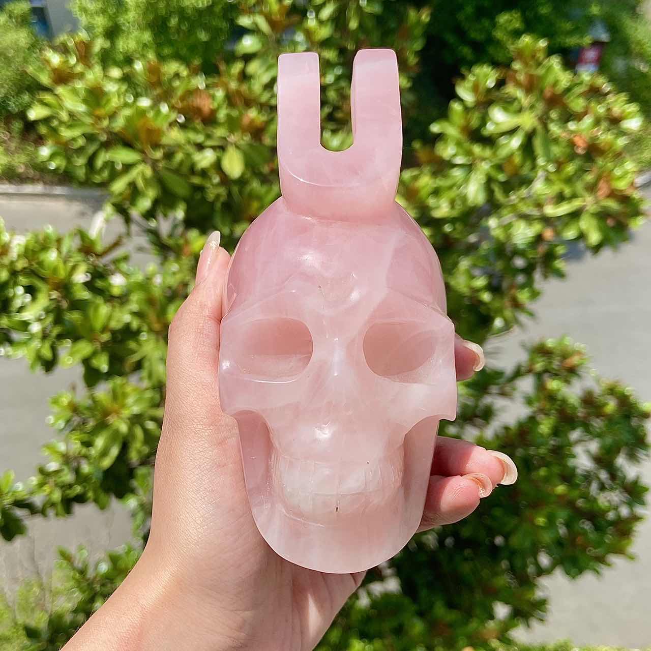 Hand Carved Rose Quartz Skull With Letter 'U' Adult Skull Model Halloween Decoration