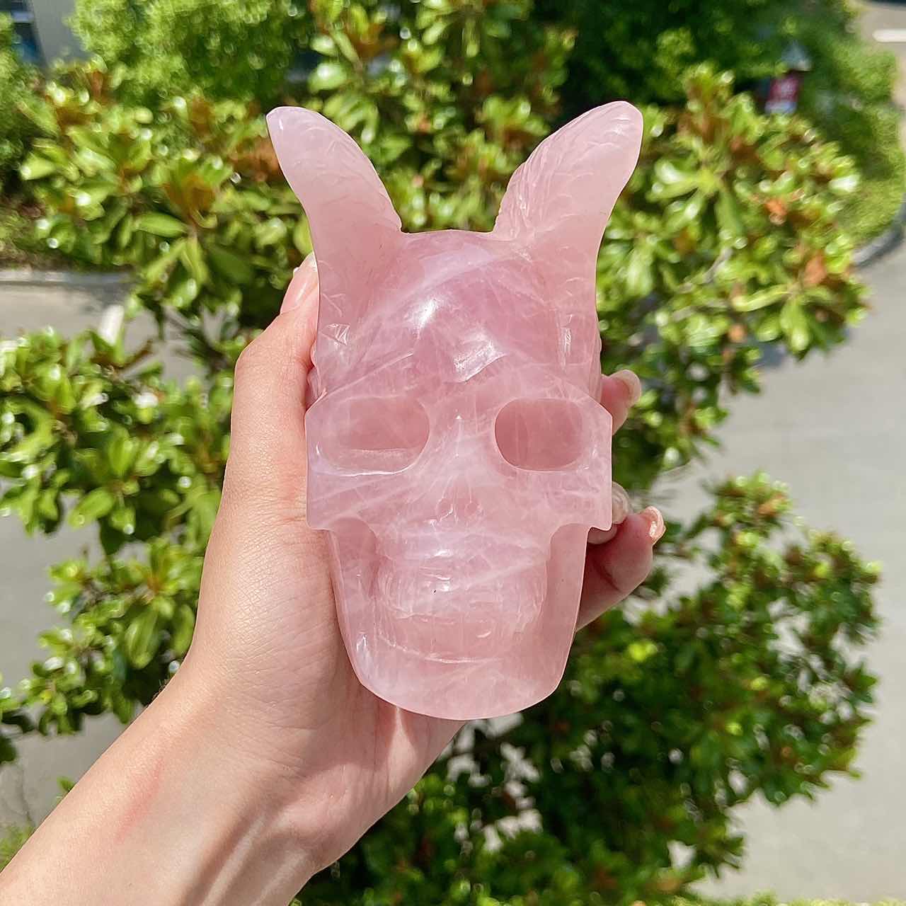 Hand-Carved Rose Quartz Skull With Horns Adult Skull Model Halloween Decoration