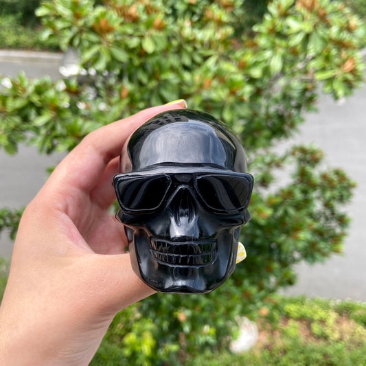 Obsidian Skull Crystal Carving With Sunglasses Home Decor Halloween Decoration