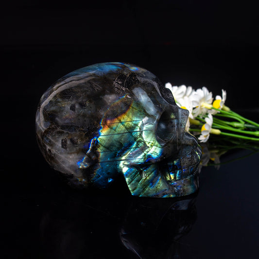 Labradorite Skull with Gorgeous Flash Gemstone Reiki Healing Crystal Carvings Statue Ornament for Home,Office Decoration