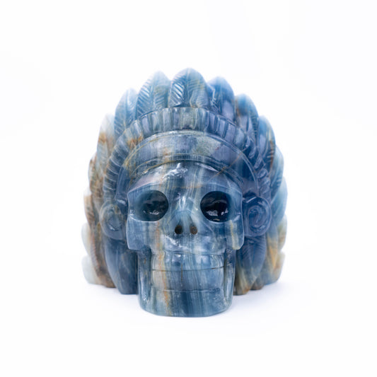 Natural Blue Onyx hand-carved wild man skull