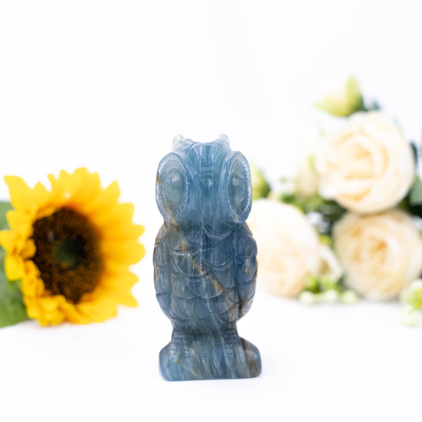 Natural Blue Onyx hand-carved owl with big eye