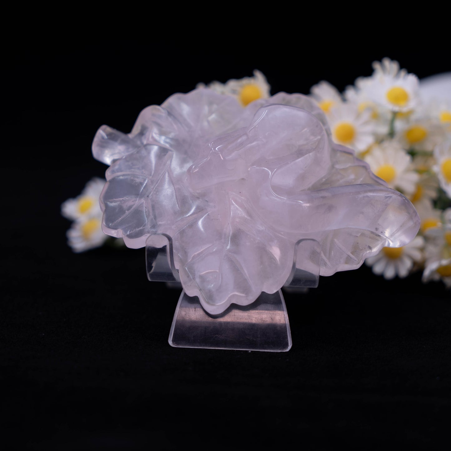 Rose Quartz Carving With Leaves And Snake