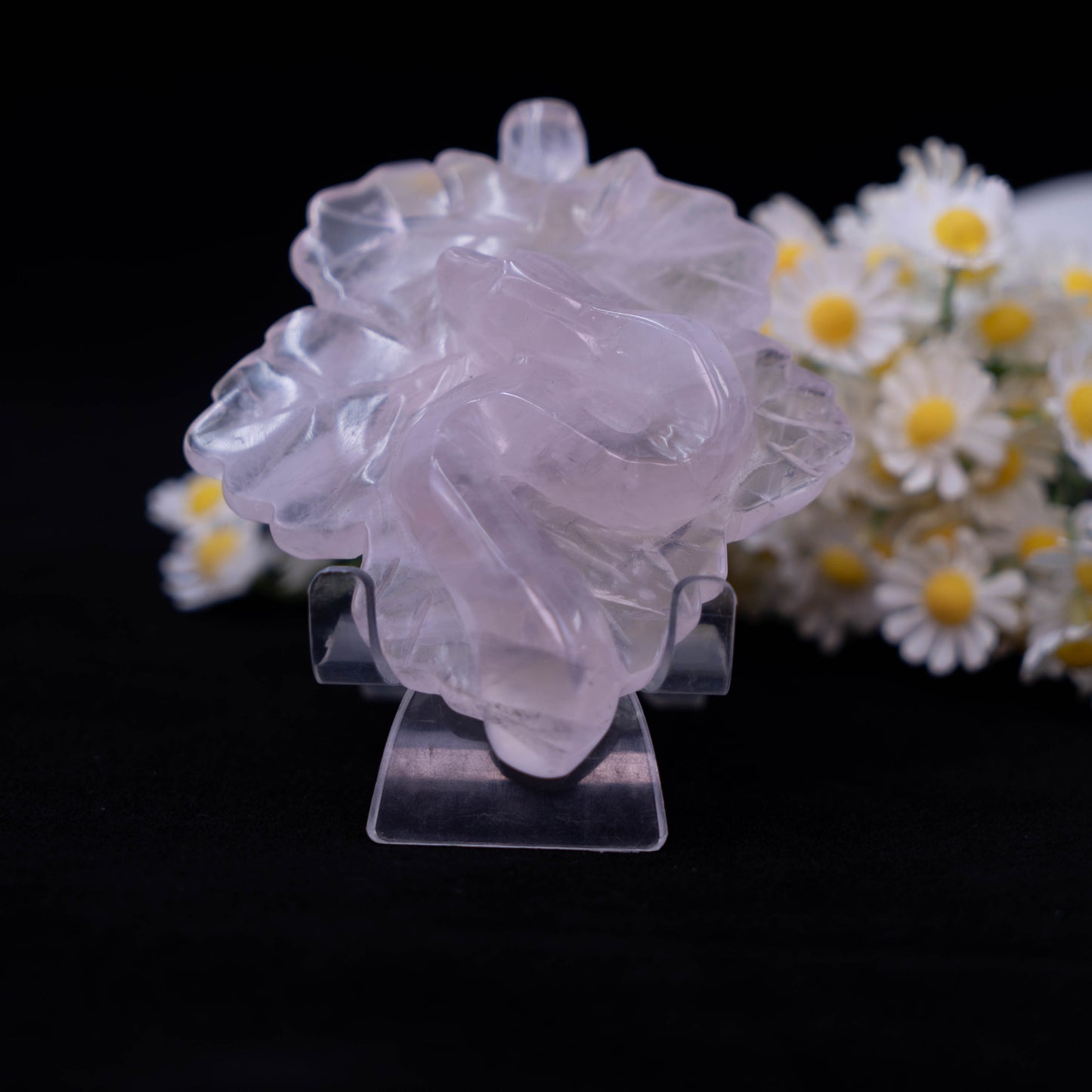 Rose Quartz Carving With Leaves And Snake