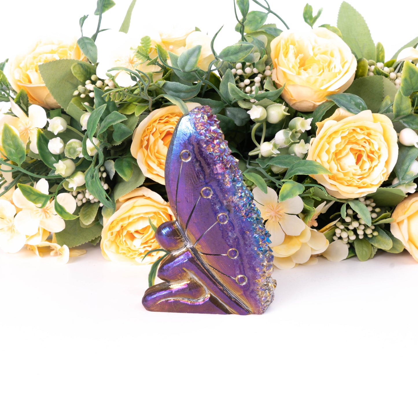 Aura Hand-carved Fairy With Crystal Clusters Rainbow Aura Titanium Coated Crystal Carving