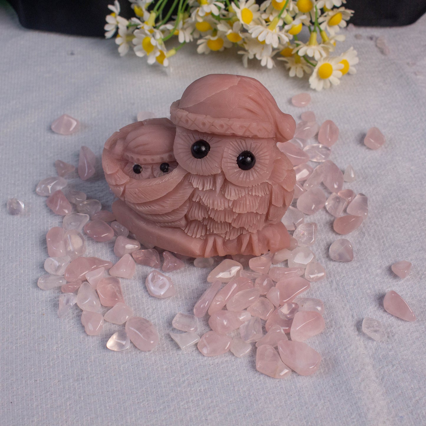 【Pink Opal】Nature Pink Opal Carved Owls With A Baby Owl