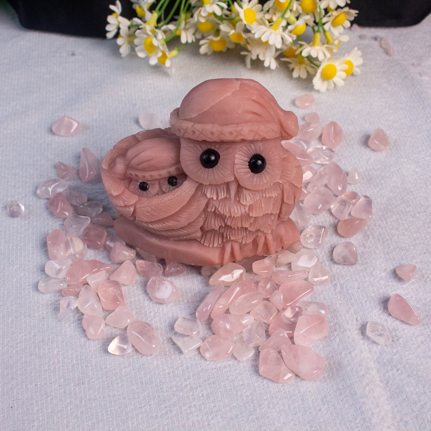 【Pink Opal】Nature Pink Opal Carved Owls With A Baby Owl