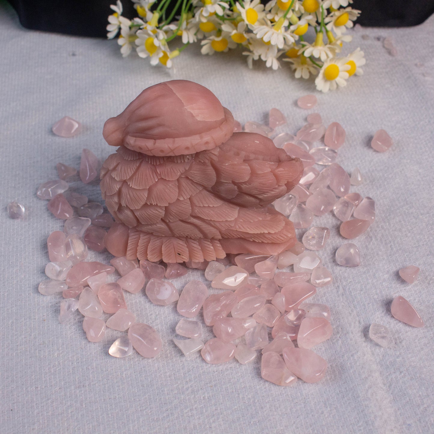 【Pink Opal】Nature Pink Opal Carved Owls With A Baby Owl