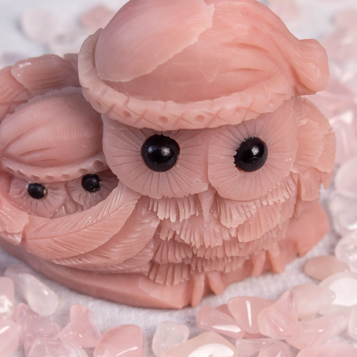 【Pink Opal】Nature Pink Opal Carved Owls With A Baby Owl