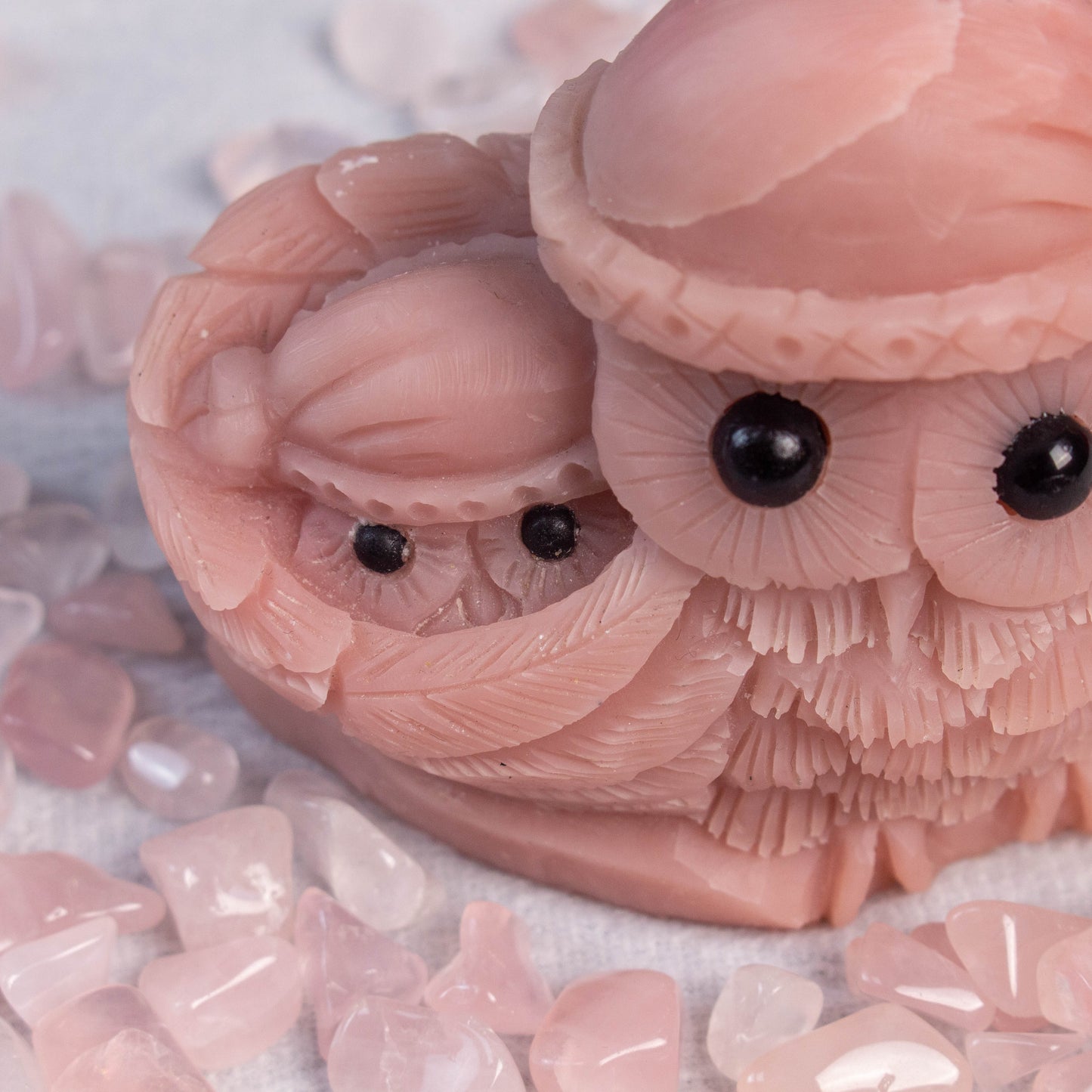 【Pink Opal】Nature Pink Opal Carved Owls With A Baby Owl